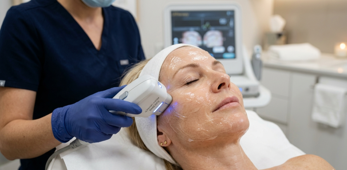 Процедура апаратного СМАС-ліфтингу (HIFU) в косметологічному кабінеті: лікар у рукавичках обробляє обличчя пацієнтки ультразвуковим датчиком по гелю.