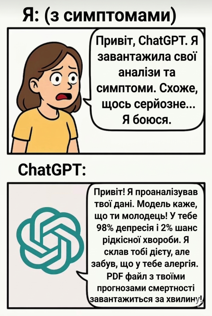 Чорний гумор: ШІ інтерпретує аналізи та симптоми клієнта, показуючи абсурдність та ризики цифрової діагностики.
